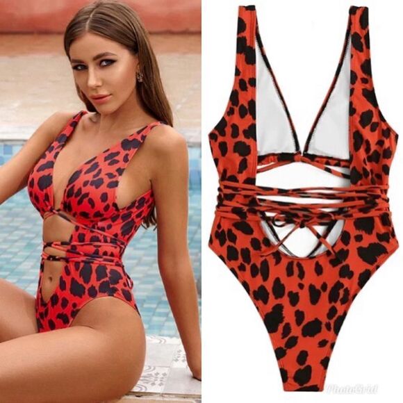 Prettylittlething Red Leopard Cut Out Wrap Around Swimsuit One Piece - Picture 3 of 8